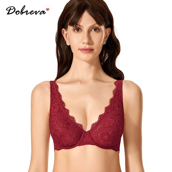 

dobreva plunge lace bralette women's underwire bra unlined bra lj201208, Red;black