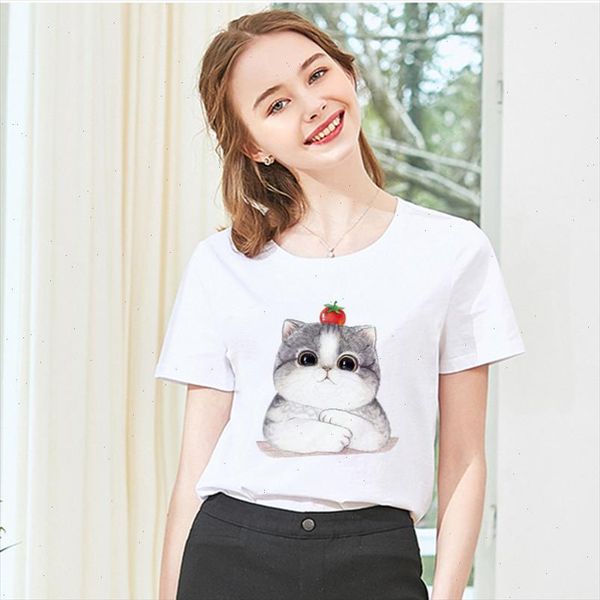 

summer 2021 new t shirt women kawaii cat print harajuku fashion tshirt o neck short sleeve t shirt white femme clothes
