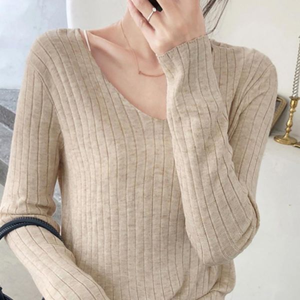 

korean lazy style autumn v-neck long-sleeved knitted sweater outer wear women solid color ribbed loose knitwear w, White;black