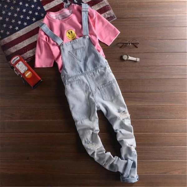 

wholesale- 2016 new fashion ripped mens denim bib overalls jeans brand men's clothing casual distrressed jumpsuit jeans pants for man1, Blue
