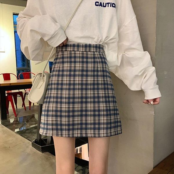 

womens skirt fashion new plaid skirt high waist skirts womens slim temperament a line college style faldas mujer moda, Black