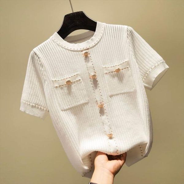 

korean elegant short sleeve sweater women thin knitted pullover hollow out patchwork sweaters white summer 2021 new arrival, White;black