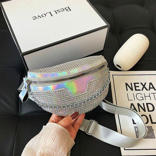 

women waist bags chest bag 2020 new personality chain colorful full diamond one shoulder messenger belt bag women