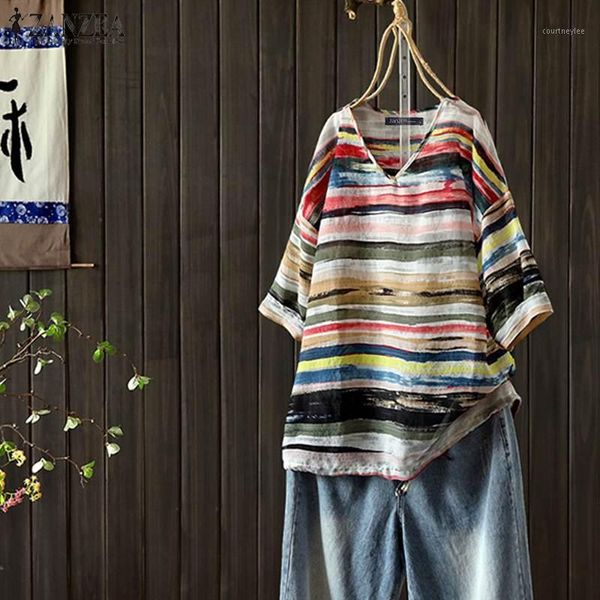

zanzea summer vintage striped blouse women v neck 3/4 sleeve shirt casual loose party blusas femininas chemise blouse mujer1, White