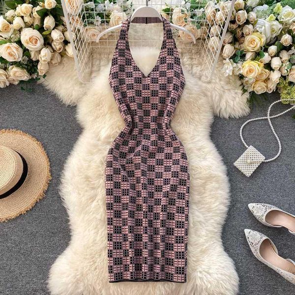 

backless stretch summer knit dress women 2020 new v-neck slim black plaid bodycon high street dressed female party vestido1, Black;gray