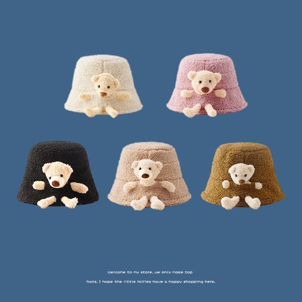 

2020 new winter 3d bear pot hat women's japanese korean keep warmlamb wool fisherman's cap harajuku outdoor panama fisherman hat, Blue;gray