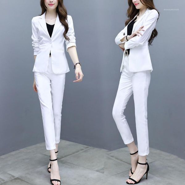 

women's two piece pants suit women's fashion jacket and nine 2 sets of temperament slim suits spring autumn 1, White