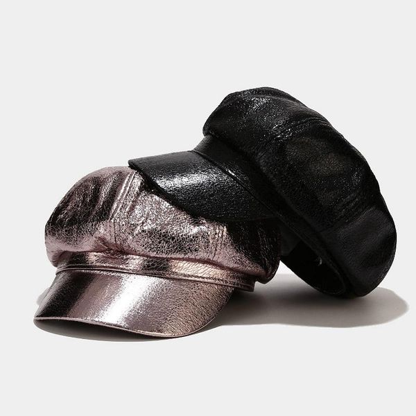 

autumn winter octagonal hats women fashion solid pu leather newsboy cap ladies casual streetwear black silver painter cap female, Blue;gray