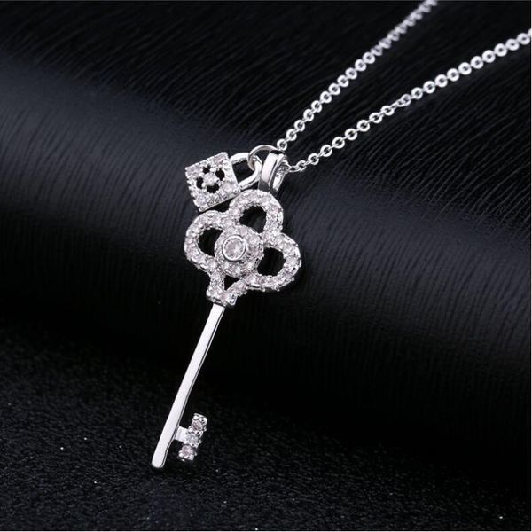 

pendant necklaces lzx brand key lock design choker necklace white/rose gold color cubic zirconia crystal & pendants for women jewelry, Silver