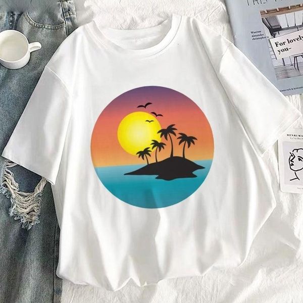 

women's t-shirt summer creative beach scenery print harajuku graphic t-shirt fashion women's t-shirt round neck short sleeve, White