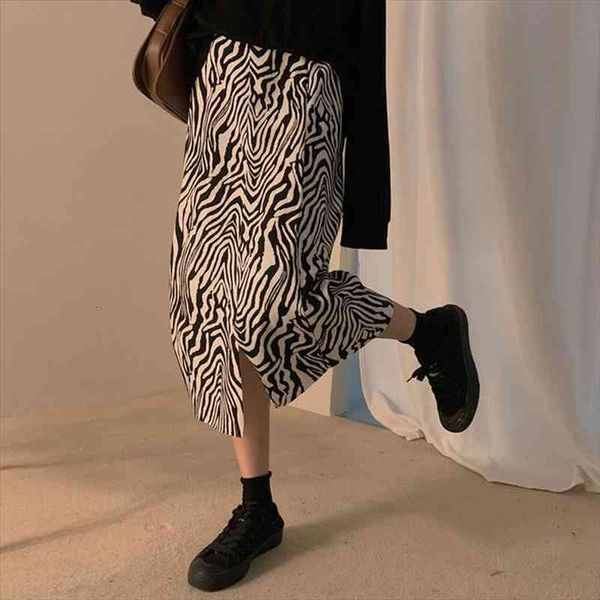 

zebra pattern womens spring and autumn high waist slit a- line skirt woman skirts faldas jupe, Black
