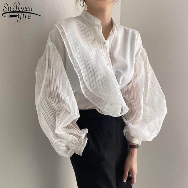 

fashion loose white women's shirt korean see through blouse women puff long sleeve mesh blouse elegant clothes 11256