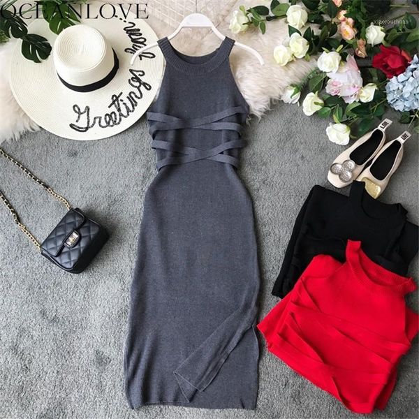 

oceanlove vestidos solid knitting stretch bodycon dress 2020 halter sleeveless summer dresses korean high waist robe femme 118391, Black;gray