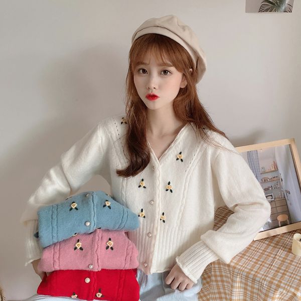 

autumn of 2020 new cardigan decorate v camisola female flower loose outer shirt short coat h00218, White;black