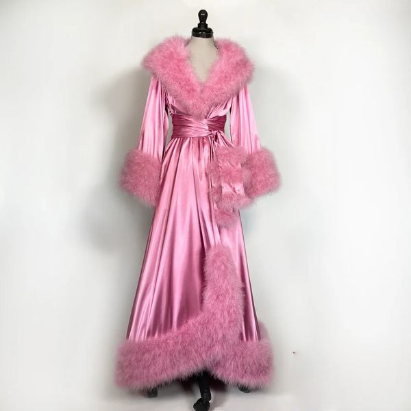 

luxury silk bride sleepwear robes feather long sleeve custom made royal women sleepwear sweep train pajamas dresses, White