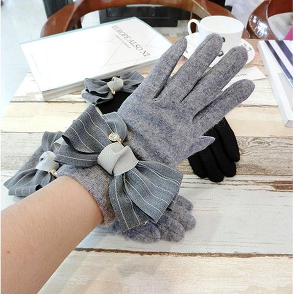 

five fingers gloves winter women fashion cashmere touch screen big bow knot grey black thicken wrist warm mittens soft agl358, Blue;gray