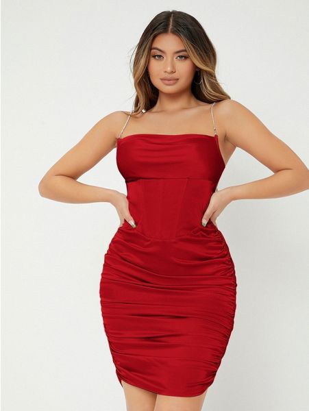 

rhinestone spaghetti strap bodycon satin dress a2ow#, Black;gray