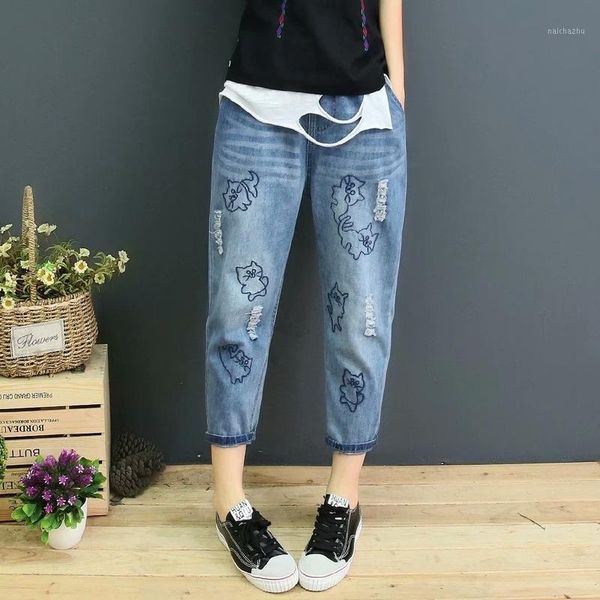 

women's jeans cat embroidery three quarter denim pants casual trousers1, Blue
