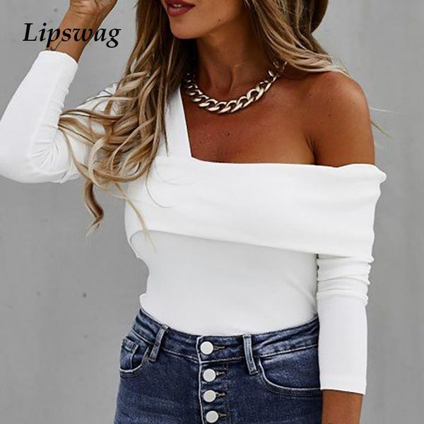 

autumn one shoulder backless blouse shirt women casual solid long sleeve pullover ladies irregular skew collar blusas, White