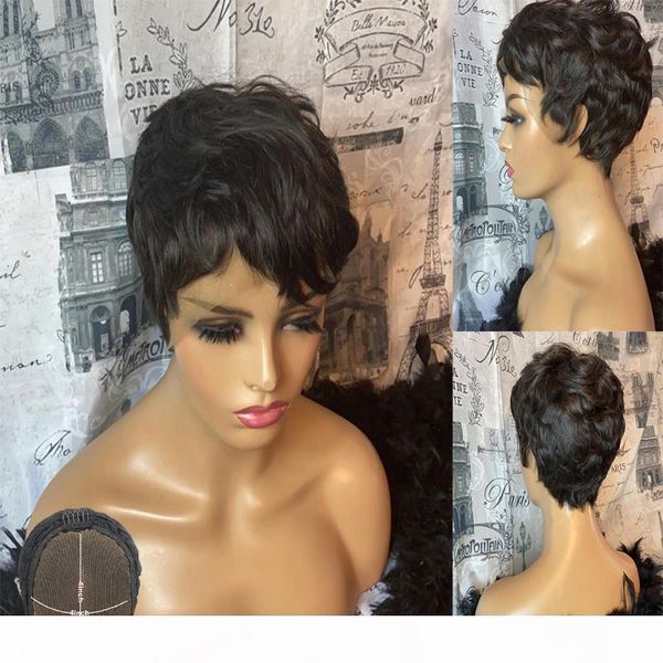 

short wavy bob wig pixie cut wig 4x4 lace closure human hair wigs for black women glueless remy 150 180 250 density atina, Black;brown