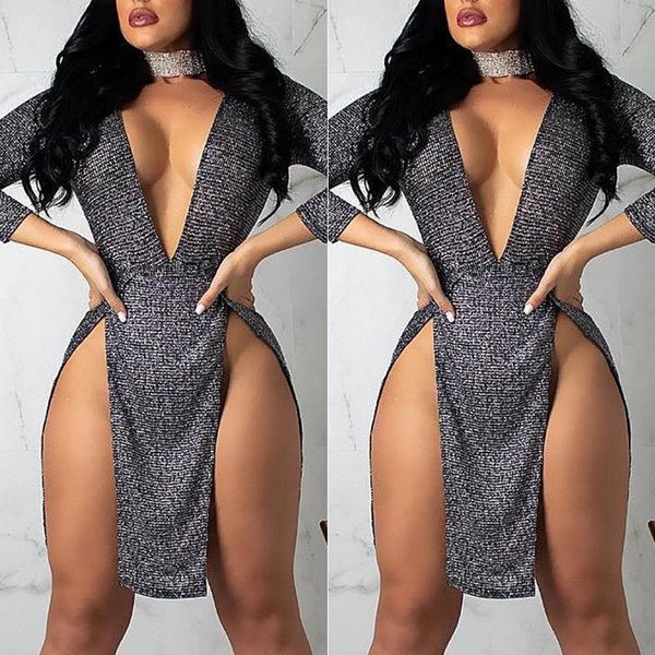 

skirts spring women long sleeve deep v-neck bodycon double slit ladies sequin evening club short mini skirts 2020 new hot, Black