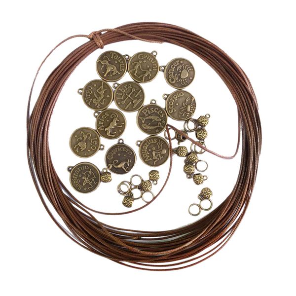 

1 set of 12pcs diy constellation bracelet bangle jewelry making findings kit pendants beads cord, White