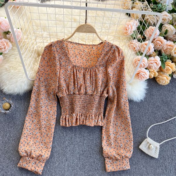 

2021 new singreiny feminine chiffon floral print spring turtleneck puff short thin elastic ruched blouses dv62, White