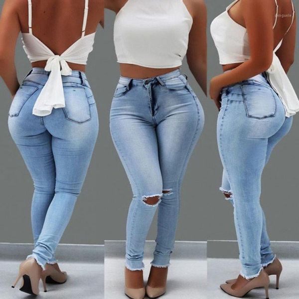 

2020 fashion ladies cotton pants high waist skinny fashion jeans for women hole vintage girls slim ripped denim pencil pants#351, Blue