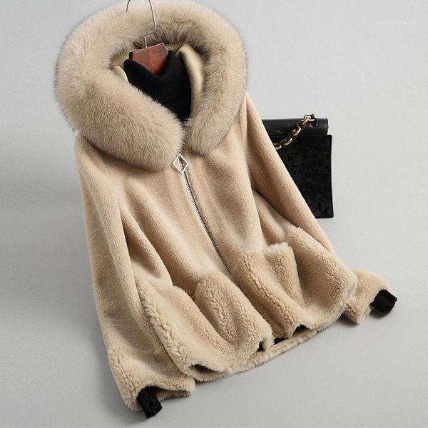 

women's fur & faux winter parker sheep shearing coats female collar jacket coat ladies lamb hair short hooded womens1, Black