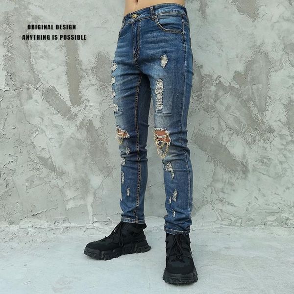 

mens hole metal chain patch jeans fashion ripped denim pants for men 2020 autumn new man hip hop skinny jean trousers pantalones, Blue