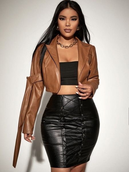 

buckled sleeve crop pu leather jacket u9nj#, Black;brown
