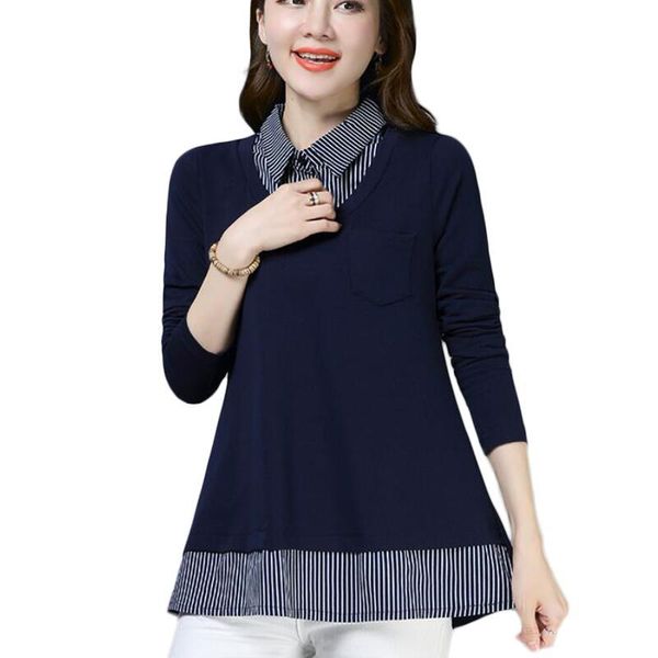 

women's blouses & shirts women 2021 fashion striped patchwork fake two-piece korean blouse casual plus size blusas mujer, White