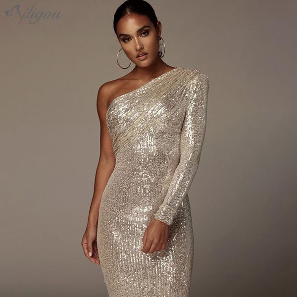 

2021 one shoulder dress sparkle glitzy sequins dress mesh patchwork celebrity christmas party vestidos drop shipping, Black;gray