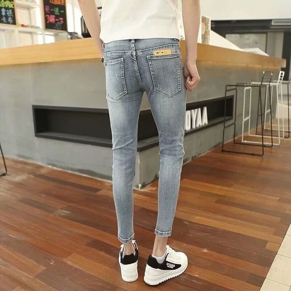 

wholesale denim social guy stretch jeans men's summer korean tight-fitting casual ankle length pants feet pants slim jeans 201111, Blue