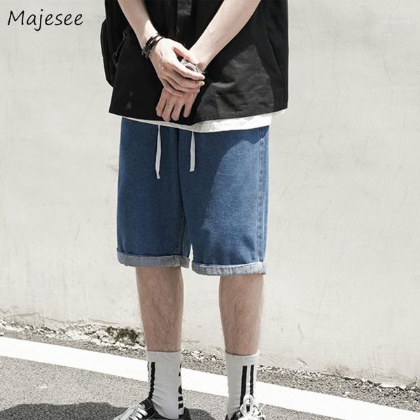 

men jeans knee length elastic waist denim solid all-match male bottoms drawstring loose straight casual korean style ulzzang new1, Blue