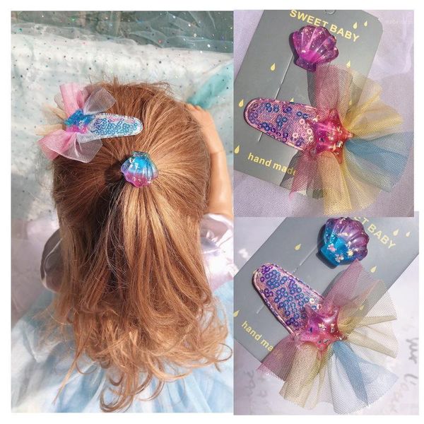 

korean girls gradient color shiny shell starfish series hair clip baby water drop bb edge head clip1 accessories, Slivery;white