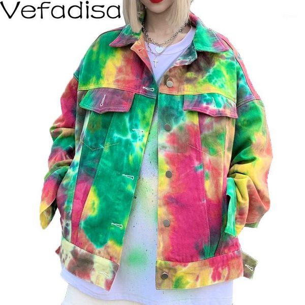 

women's jackets vefadisa colorful tie-dye denim jacket women 2021 autumn long sleeve coat female streetwear loose qyf32781, Black;brown