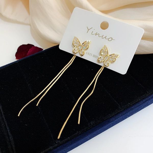 

stud s925 earrings 2021 butterfly earrings, long fashion, wild temperament high-end, Golden;silver