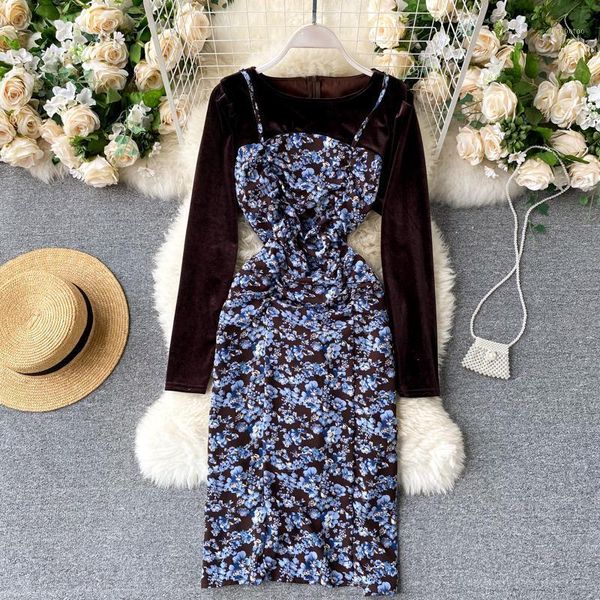 

casual dresses women's one piece dress vintage style floral print patchwork midi elegant autumn winter long sleeve party1, Black;gray
