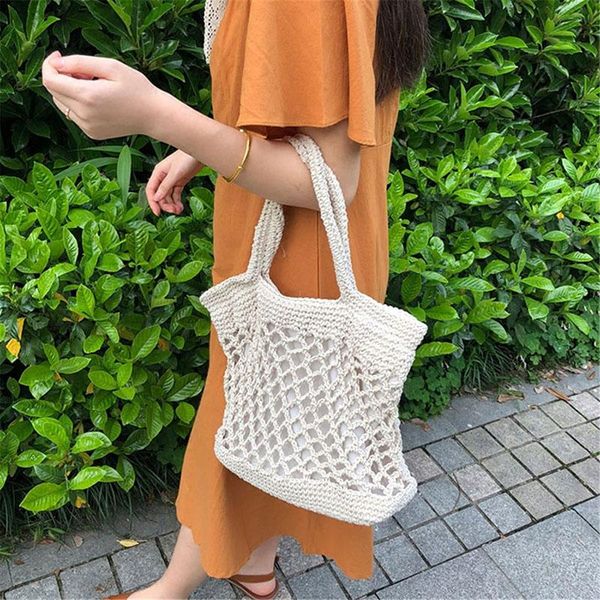 

cotton handmade straw woven bag fashion leisure beach hollow out shoulder storage totes braided hand bag handbag for women bags