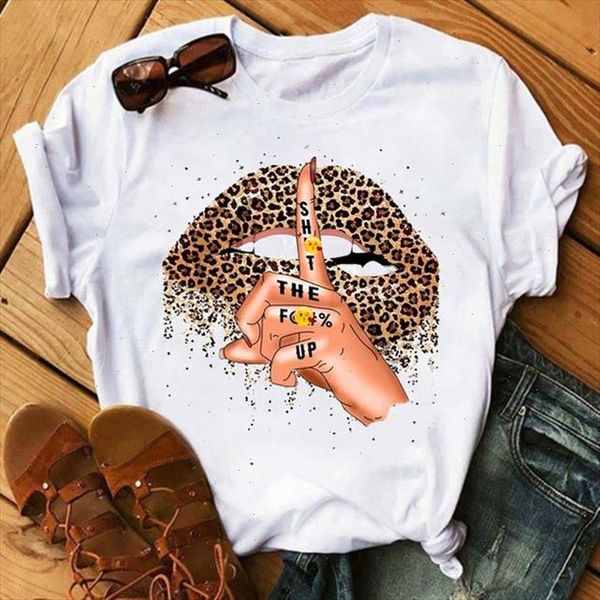 

new funny lips leopard print t shirts summer short sleeves t shirt for women shirt harajuku tees female, White