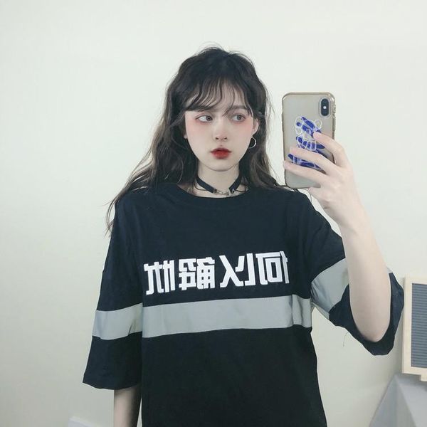

reflective loose girl tee loose harajuku women's t-shirt kpop kawaii female cloth text streetwear white short sleeve1