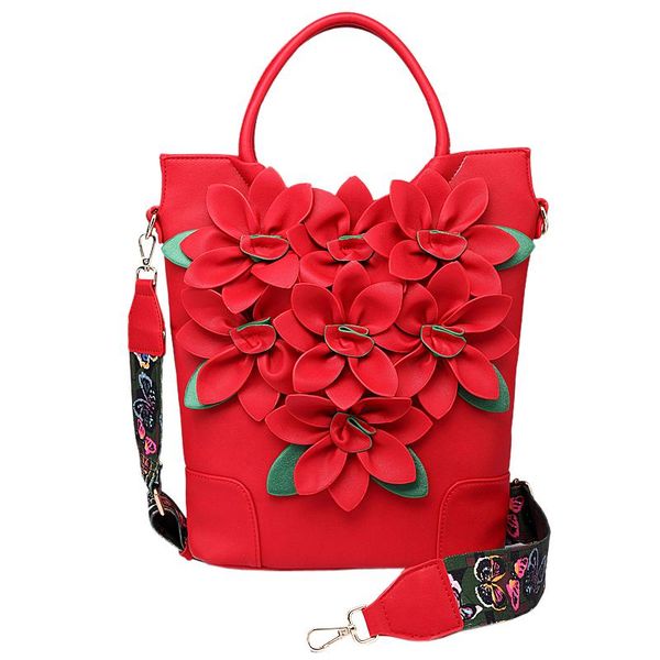 

new colorful wide straps women white handbag flowers folk style retro tote bag portable pu leather large capacity crossbody bag