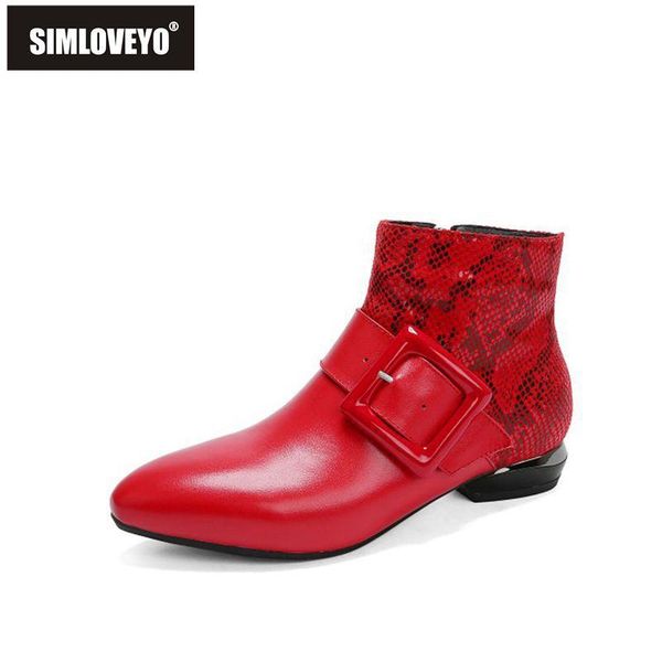 

simloveyo round toe genuine leather buckle strap soft short plush printing strange style heel snow boots black red size 33-43
