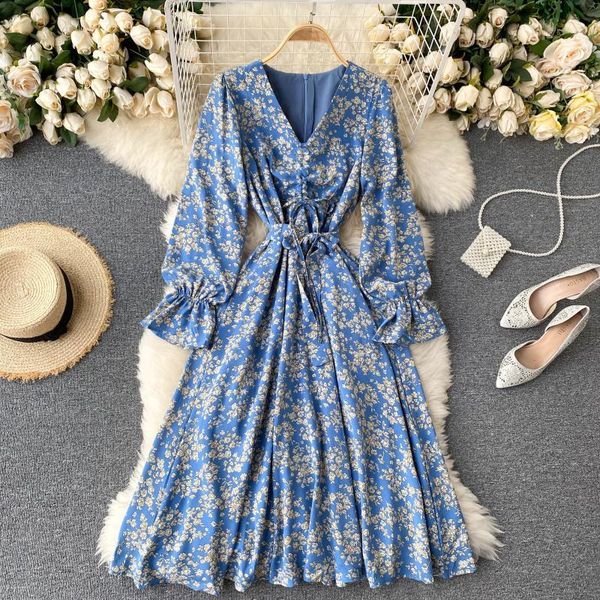 

2021 new bohemian female floral chic cord neck extension the line dressed autumn retro impression long dress uihe, Black;gray