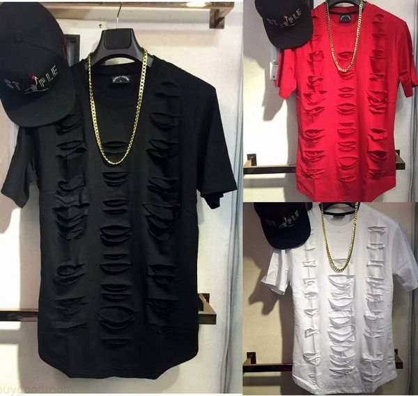 

mens holes destroyed t-shirts summer fashion casual loose long tees solid color white black red