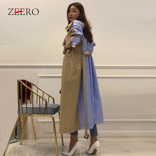 

korean fashion striped patchwork windbreaker for women long sleeve lace up trench coat female 2019 autumn oversized long coat 1031, Tan;black