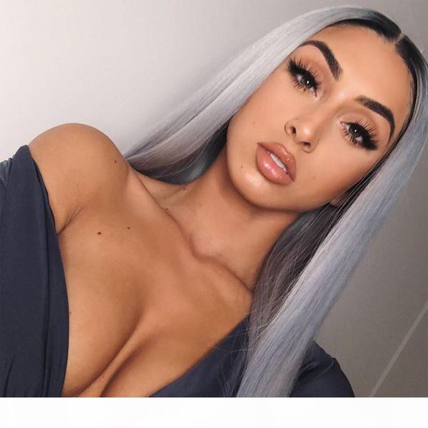 

24inch dark roots ombre серый розовый зеленый синтетический парик фронта шнурка жаропрочных волокна длинные прямые серо glueless мягкие синт, Black