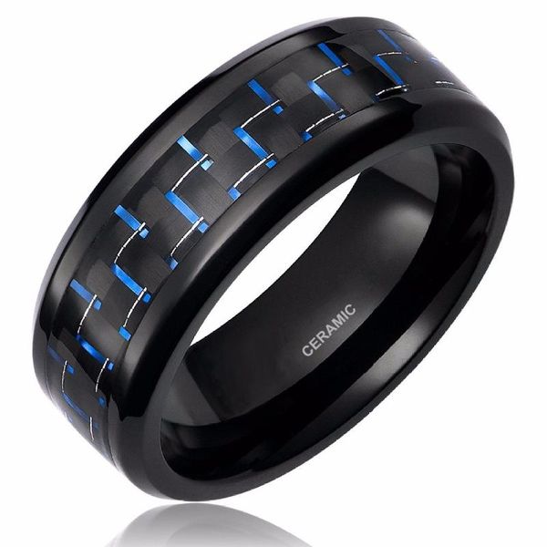 

wedding rings eamti men black 8mm ceramic ring blue carbon fiber inlay band engagement jewelry cool for male bague homme bijoux, Slivery;golden
