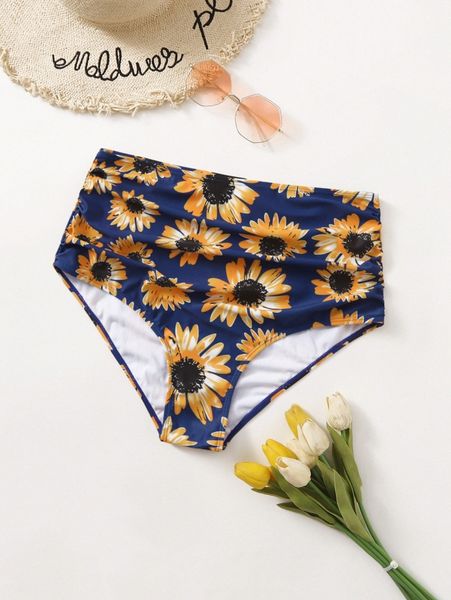 

plus sunflower print ruched high waisted bikini panty u9z5#, Black